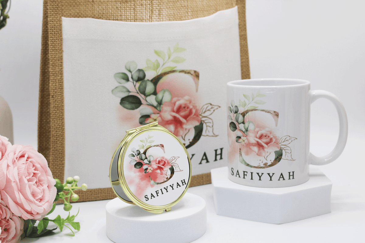 Personalised Gift set, personalised islamic gift, personalised mug, personalised mirror, compact mirror, personalised jute bag, personalised eid and ramadan gift, islamic gift, muslim gift, islamic gift for her