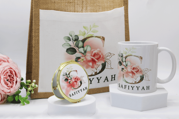 Personalised Gift set, personalised islamic gift, personalised mug, personalised mirror, compact mirror, personalised jute bag, personalised eid and ramadan gift, islamic gift, muslim gift, islamic gift for her
