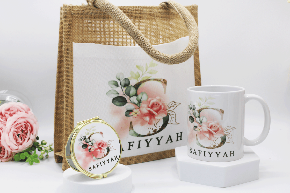 Personalised Gift set, personalised islamic gift, personalised mug, personalised mirror, compact mirror, personalised jute bag, personalised eid and ramadan gift, islamic gift, muslim gift, islamic gift for her