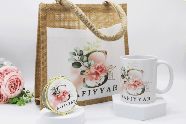 Personalised Gift set, personalised islamic gift, personalised mug, personalised mirror, compact mirror, personalised jute bag, personalised eid and ramadan gift, islamic gift, muslim gift, islamic gift for her