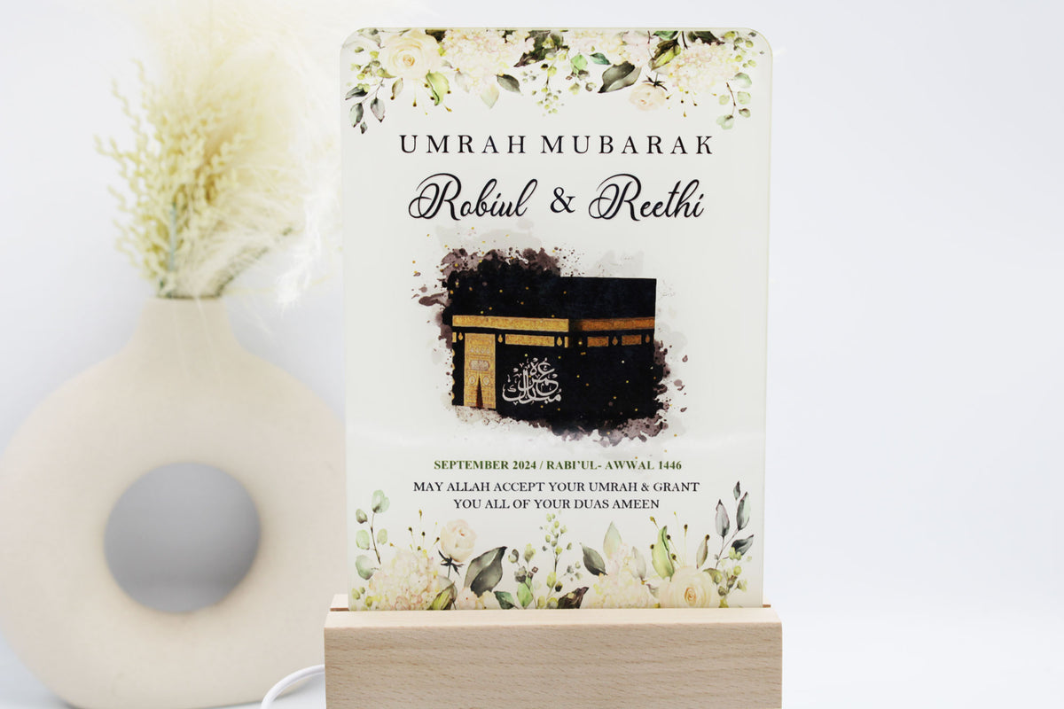 Personalised acrylic LED umrah frame, umrah gift, glass umrah frame, hajj gift, personalised islamic gift, personalized umrah gift, medina and kabah, saudia arabia, umrah gift ideas