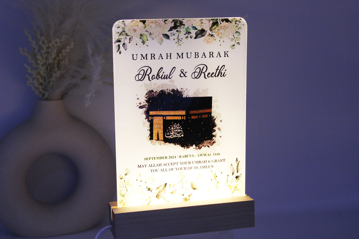 Personalised acrylic LED umrah frame, umrah gift, glass umrah frame, hajj gift, personalised islamic gift, personalized umrah gift, medina and kabah, saudia arabia, umrah gift ideas