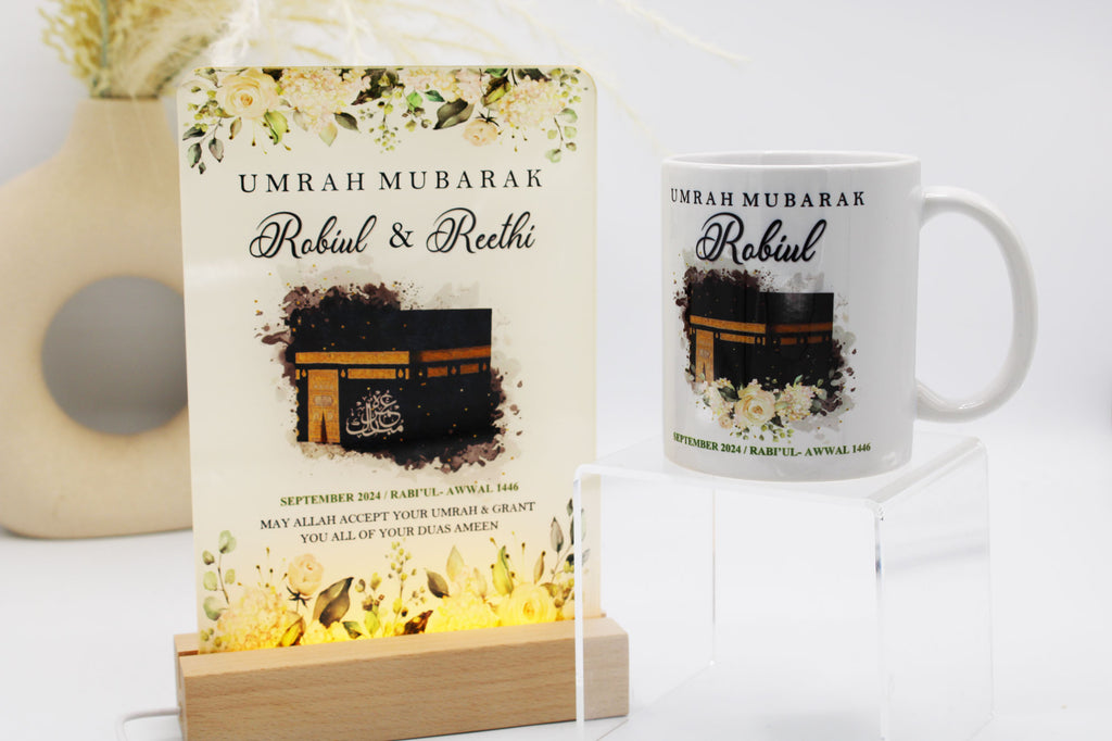 Personalised acrylic LED umrah frame, umrah gift, glass umrah frame, hajj gift, personalised islamic gift, personalized umrah gift, medina and kabah, saudia arabia, umrah gift ideas, umrah mug 