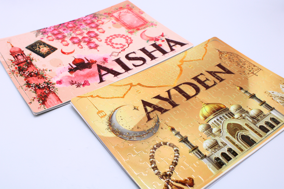Personalised kids jigsaw, personalised islamic jigsaw, personalised eid gift for kids, childrens eid gift, ramadan gift ideas, ramadan kids gifts, personalised ramadan gift, personalised arabic gift, arabic jigsaw, muslim gift, islamic childrens gift, umrah gift, hajj gift