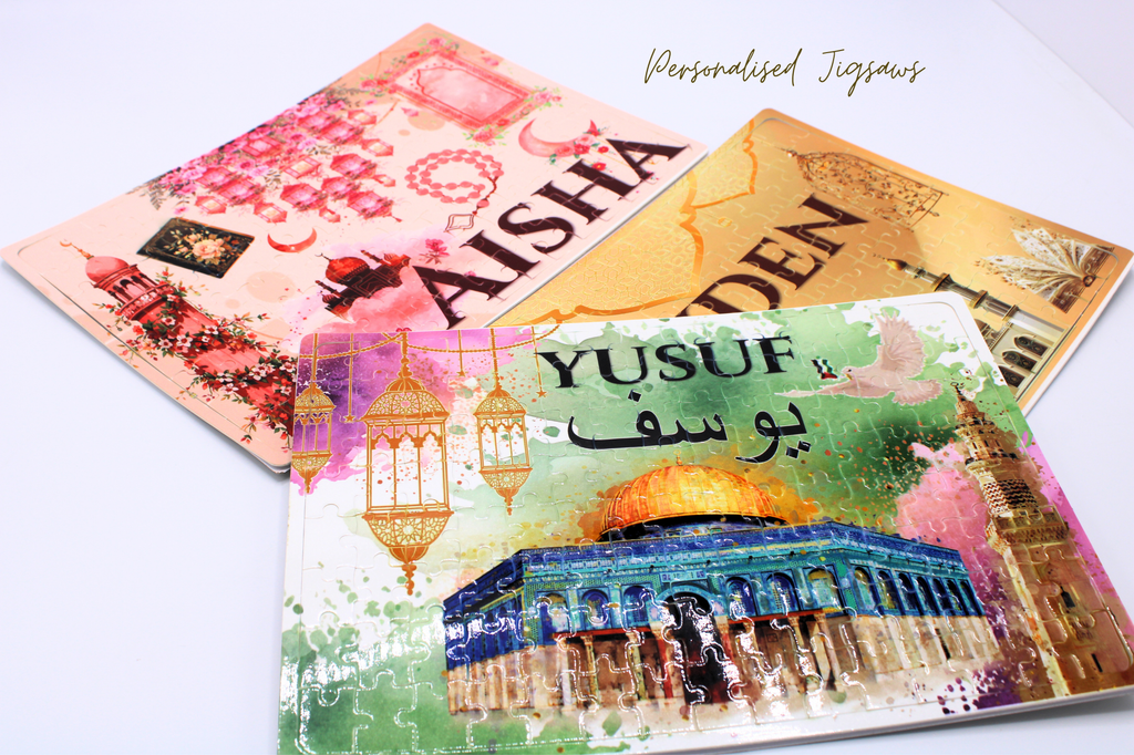 Personalised kids jigsaw, personalised islamic jigsaw, personalised eid gift for kids, childrens eid gift, ramadan gift ideas, ramadan kids gifts, personalised ramadan gift, personalised arabic gift, arabic jigsaw, muslim gift, islamic childrens gift, umrah gift, hajj gift