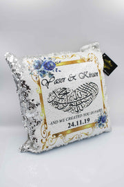 Wedding Sequin Cushion - Gold & Blue Rose Border