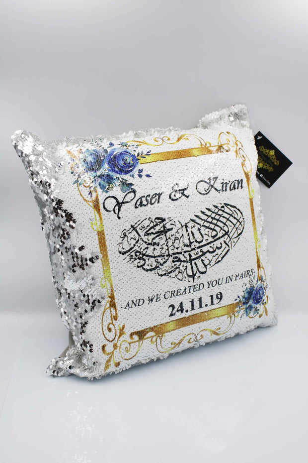 Wedding Sequin Cushion - Gold & Blue Rose Border