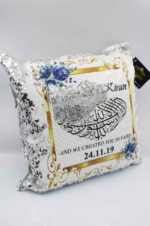 Wedding Sequin Cushion - Gold & Blue Rose Border
