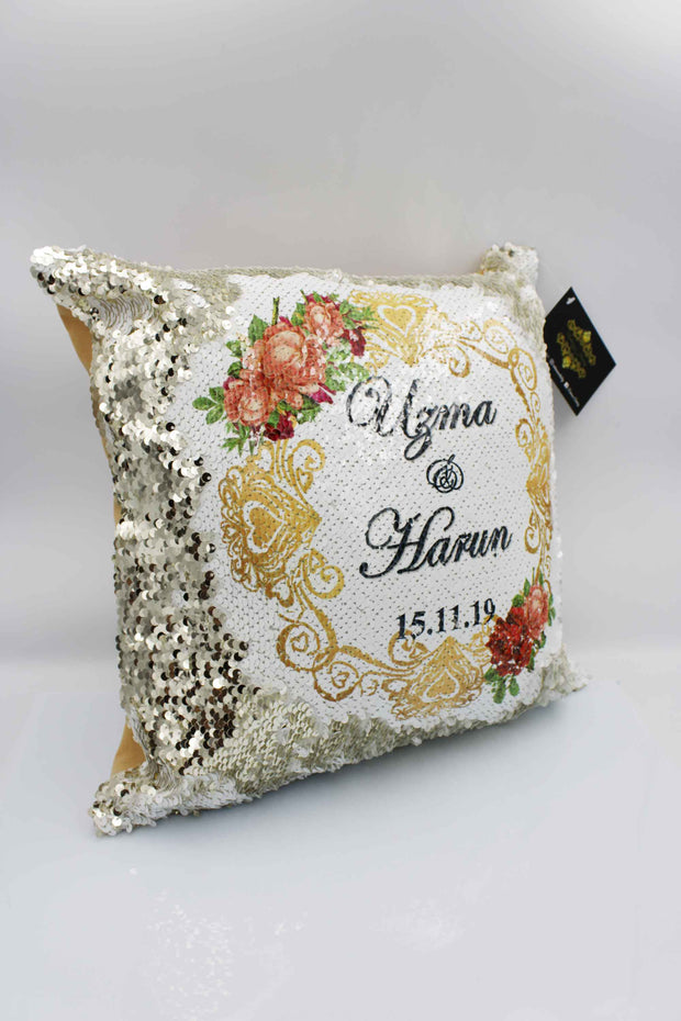 Wedding Sequin Cushion - Gold Round Border