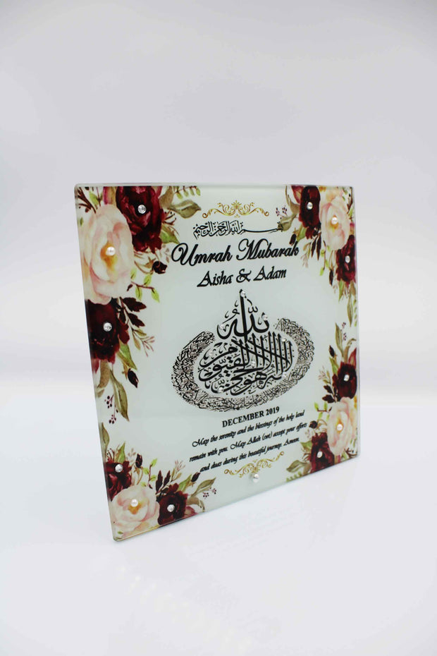 Umrah Mubarak Glass Frame - Maroon Floral