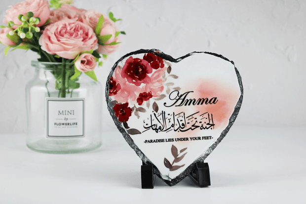 mum heart rock slate, jannah lies under your feet frame