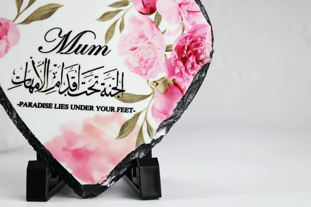 mum heart rock slate, jannah lies under your feet frame