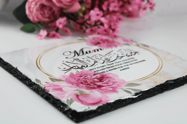 mum heart rock slate, jannah lies under your feet frame