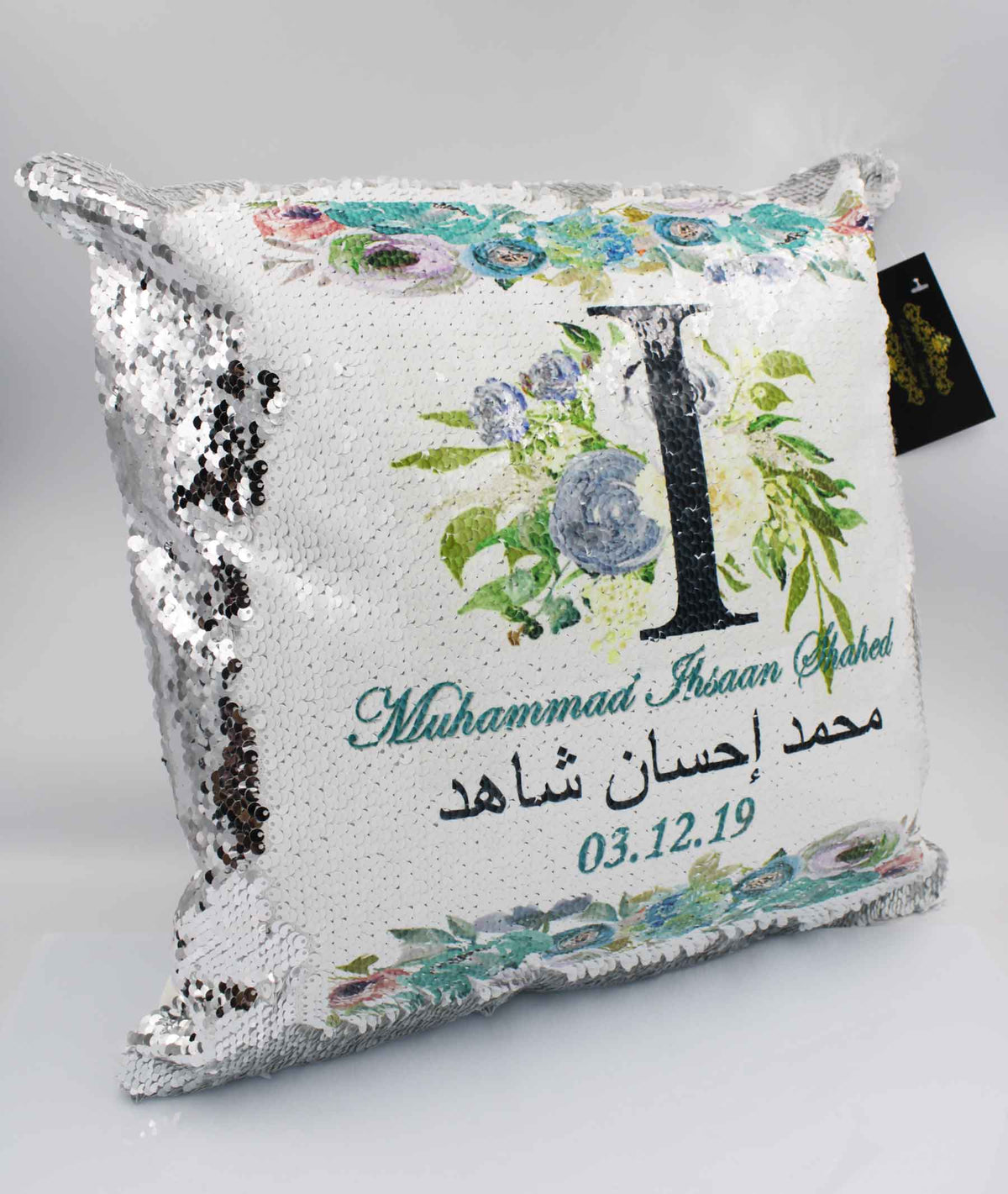 Blue Floral Sequin Initial Cushion