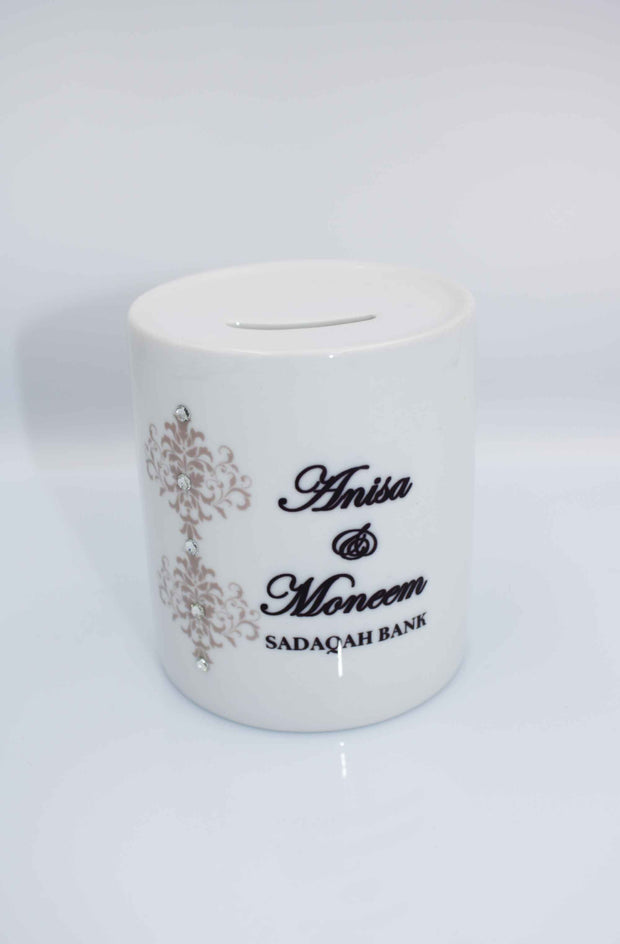 Personalised Money Bank - Grey Damask