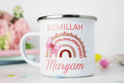 personalised kids mugs, personalised enamel mug, mini muslim, bismillah mug