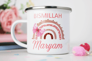 personalised kids mugs, personalised enamel mug, mini muslim, bismillah mug