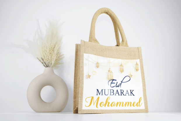 personalised eid mubarak party bag, personalised jute bag
