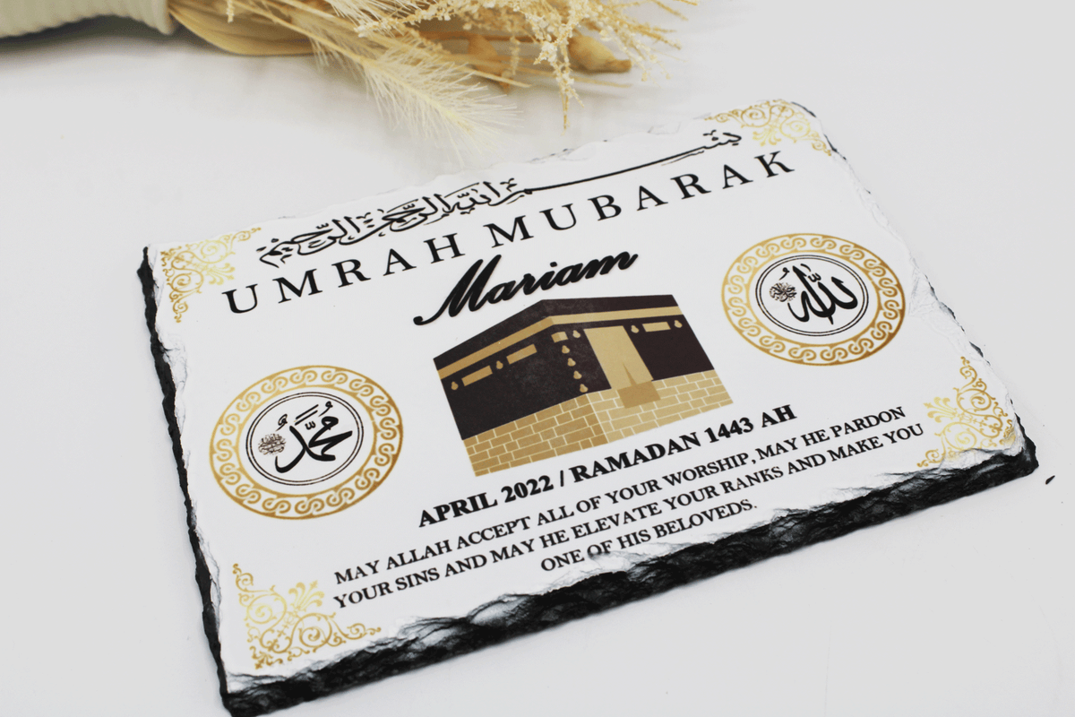 personalised umrah mubarak frame, umrah mubarak slate, personalised hajj gift, umrah gift, islamic frame, muslim gift