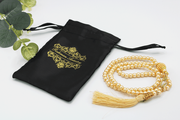 99 Bead Pearl Tasbih With Satin Pouch -Gold