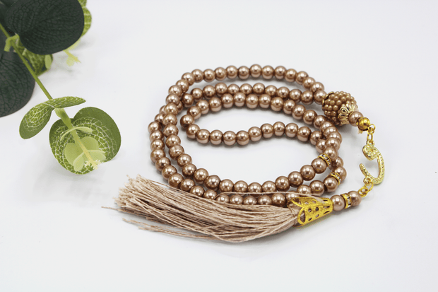 99 Bead Pearl Tasbih With Satin Pouch - Latte