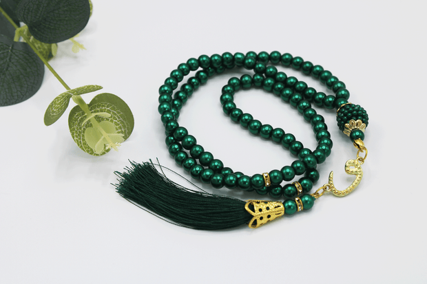 99 Bead Pearl Tasbih With Satin Pouch - Emerald Green