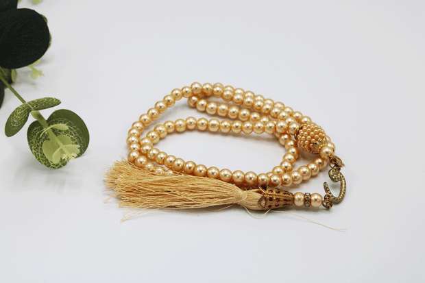 99 Bead Pearl Tasbih With Satin Pouch -Gold