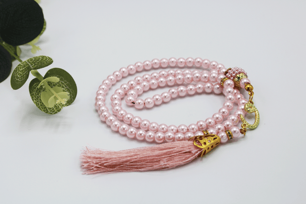 99 Bead Pearl Tasbih With Satin Pouch - Light Pink