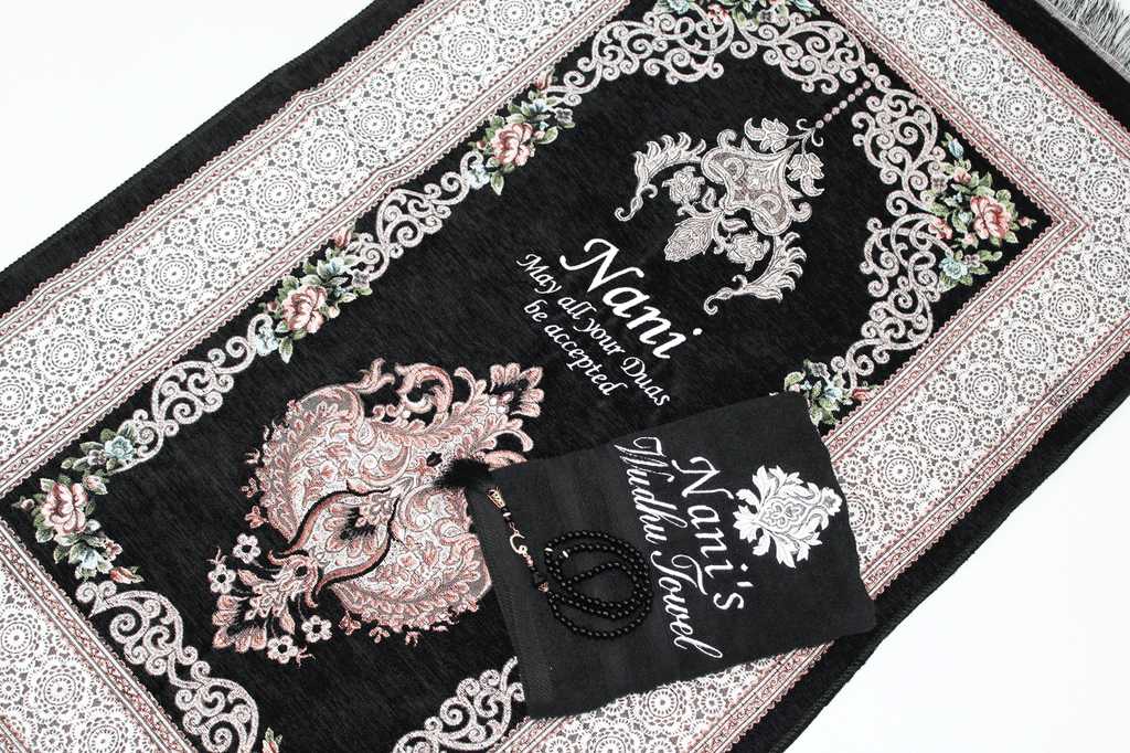 Black Prayer Mat & Tasbih Set
