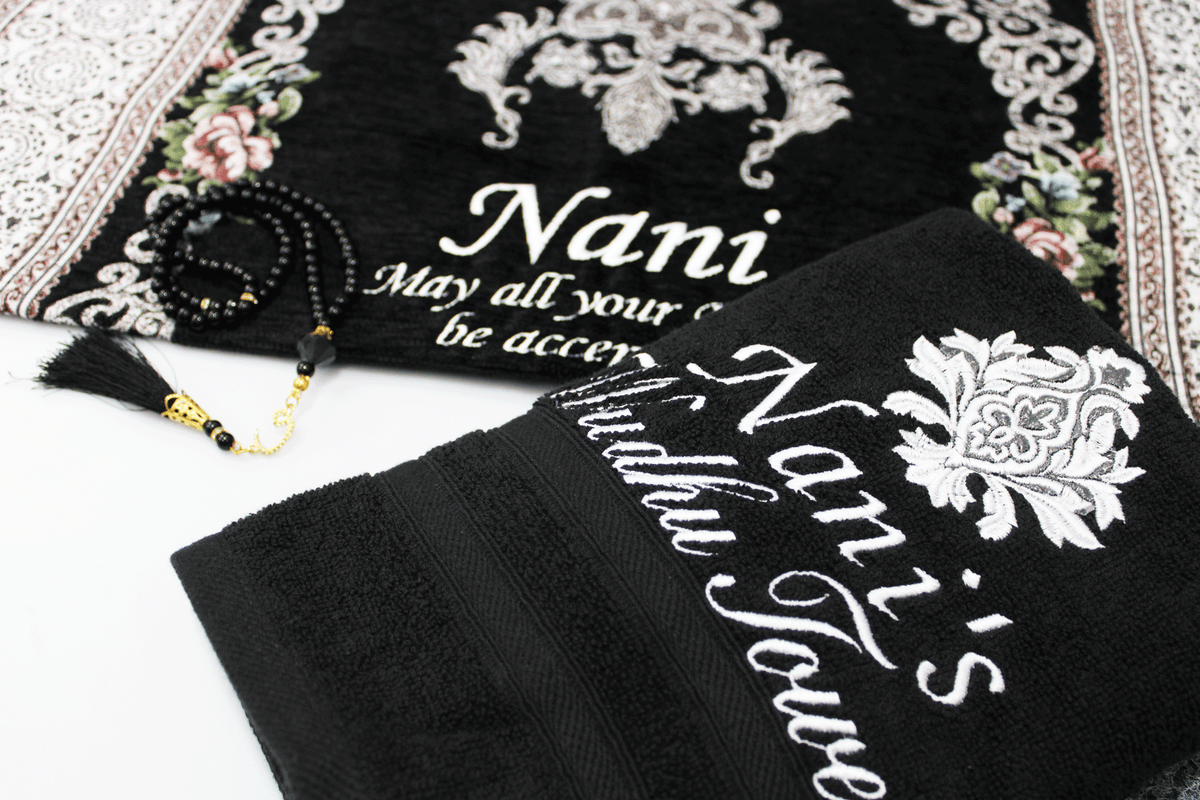 Black Prayer Mat & Tasbih Set