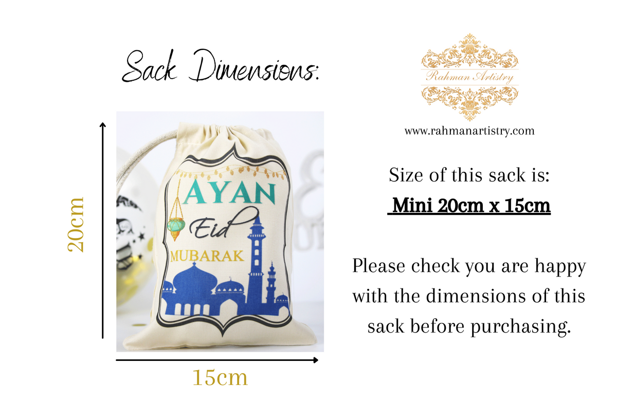 Personalised mini eid sack, personalised eid money bag, personalised eid sack